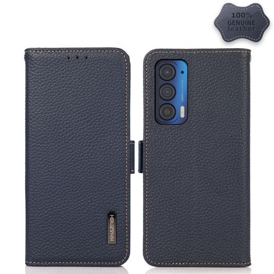For Motorola Edge 2021 KHAZNEH Side-Magnetic Litchi Genuine Leather RFID Case(Blue) - Motorola Cases by buy2fix | Online Shopping UK | buy2fix