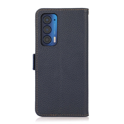 For Motorola Edge 2021 KHAZNEH Side-Magnetic Litchi Genuine Leather RFID Case(Blue) - Motorola Cases by buy2fix | Online Shopping UK | buy2fix
