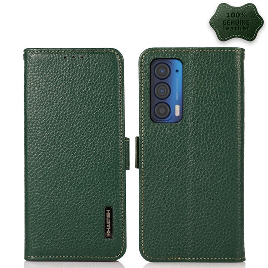 For Motorola Edge 2021 KHAZNEH Side-Magnetic Litchi Genuine Leather RFID Case(Green) - Motorola Cases by buy2fix | Online Shopping UK | buy2fix