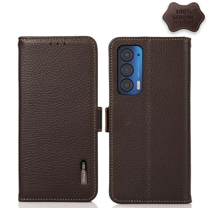 For Motorola Edge 2021 KHAZNEH Side-Magnetic Litchi Genuine Leather RFID Case(Brown) - Motorola Cases by buy2fix | Online Shopping UK | buy2fix