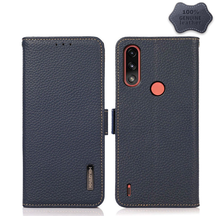 For Motorola Moto E7 Power KHAZNEH Side-Magnetic Litchi Genuine Leather RFID Case(Blue) - Motorola Cases by buy2fix | Online Shopping UK | buy2fix