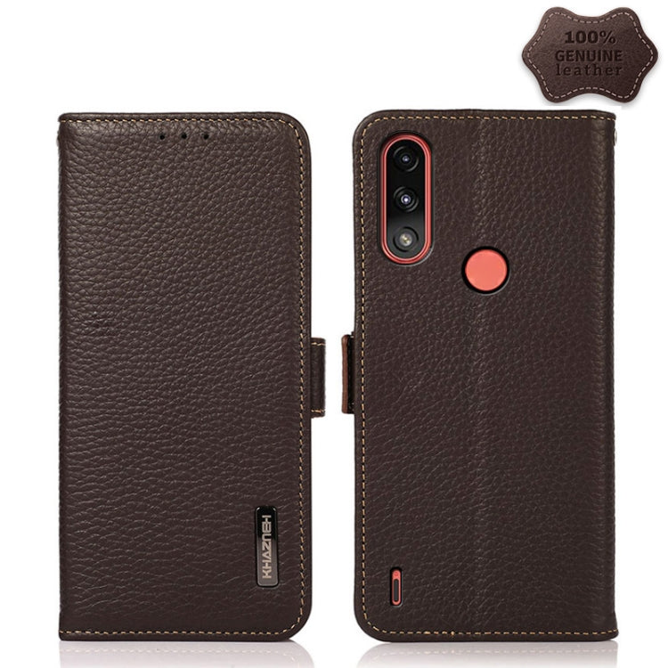For Motorola Moto E7 Power KHAZNEH Side-Magnetic Litchi Genuine Leather RFID Case(Brown) - Motorola Cases by buy2fix | Online Shopping UK | buy2fix