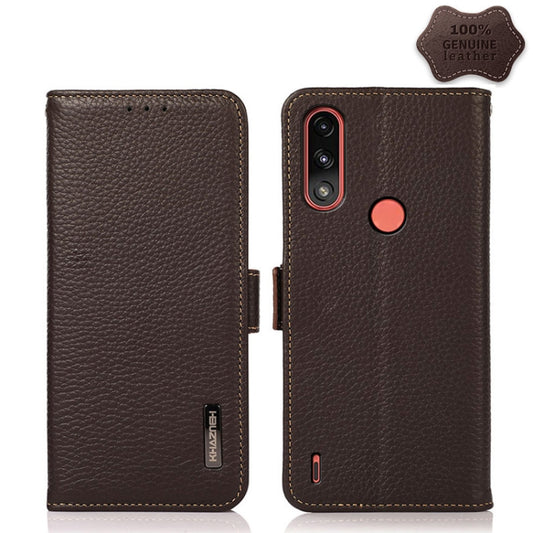 For Motorola Moto E7 Power KHAZNEH Side-Magnetic Litchi Genuine Leather RFID Case(Brown) - Motorola Cases by buy2fix | Online Shopping UK | buy2fix