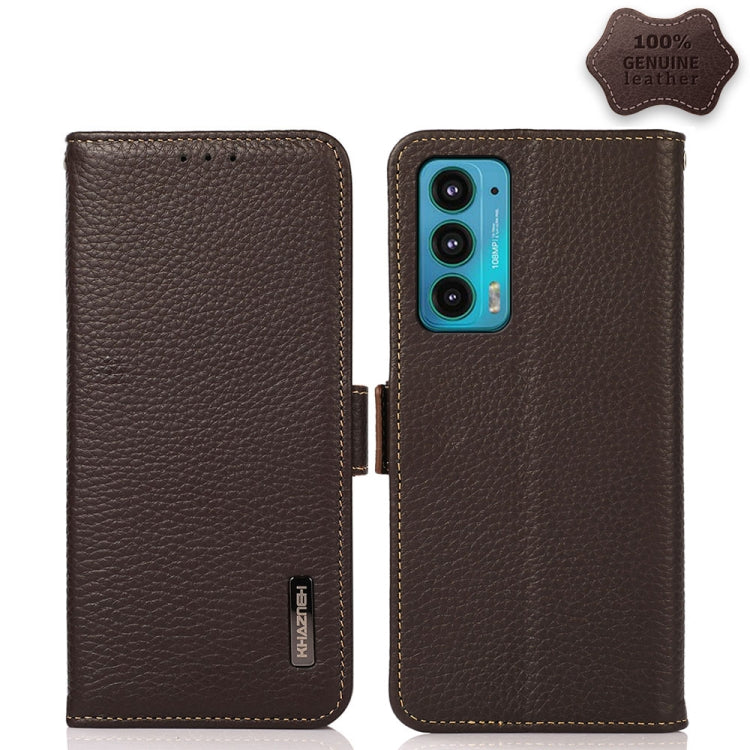 For Motorola Edge 20 KHAZNEH Side-Magnetic Litchi Genuine Leather RFID Case(Brown) - Motorola Cases by buy2fix | Online Shopping UK | buy2fix
