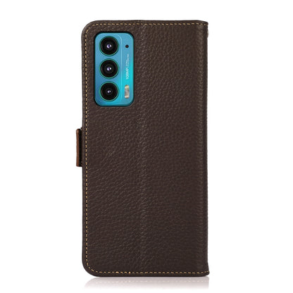 For Motorola Edge 20 KHAZNEH Side-Magnetic Litchi Genuine Leather RFID Case(Brown) - Motorola Cases by buy2fix | Online Shopping UK | buy2fix