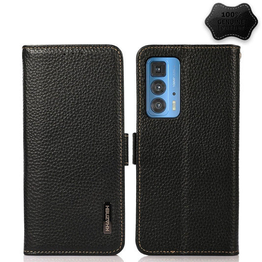 For Motorola Edge 20 Pro KHAZNEH Side-Magnetic Litchi Genuine Leather RFID Case(Black) - Motorola Cases by buy2fix | Online Shopping UK | buy2fix
