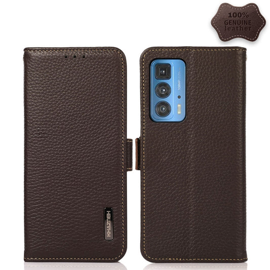 For Motorola Edge 20 Pro KHAZNEH Side-Magnetic Litchi Genuine Leather RFID Case(Brown) - Motorola Cases by buy2fix | Online Shopping UK | buy2fix