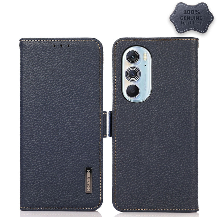 For Motorola Edge X30 KHAZNEH Side-Magnetic Litchi Genuine Leather RFID Case(Blue) - Motorola Cases by buy2fix | Online Shopping UK | buy2fix