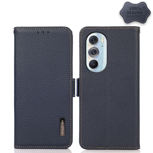 For Motorola Edge X30 KHAZNEH Side-Magnetic Litchi Genuine Leather RFID Case(Blue) - Motorola Cases by buy2fix | Online Shopping UK | buy2fix