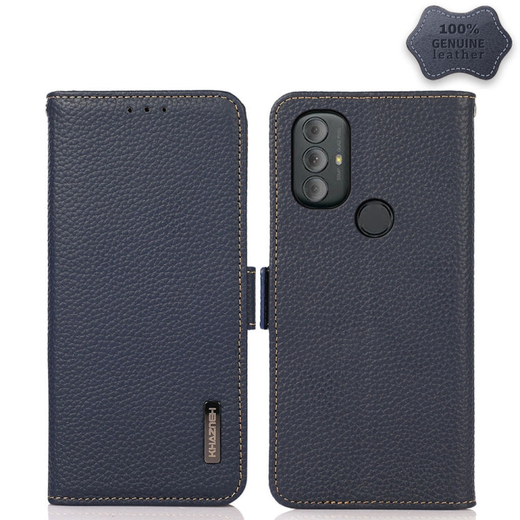For Motorola Moto G Power 2022 KHAZNEH Side-Magnetic Litchi Genuine Leather RFID Case(Blue) - Motorola Cases by buy2fix | Online Shopping UK | buy2fix