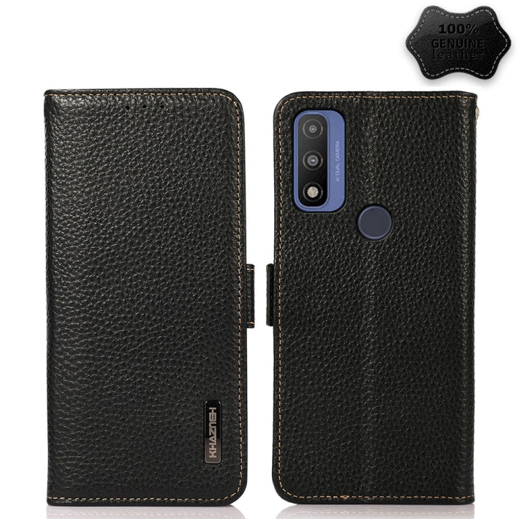 For Motorola G Pure KHAZNEH Side-Magnetic Litchi Genuine Leather RFID Case(Black) - Motorola Cases by buy2fix | Online Shopping UK | buy2fix