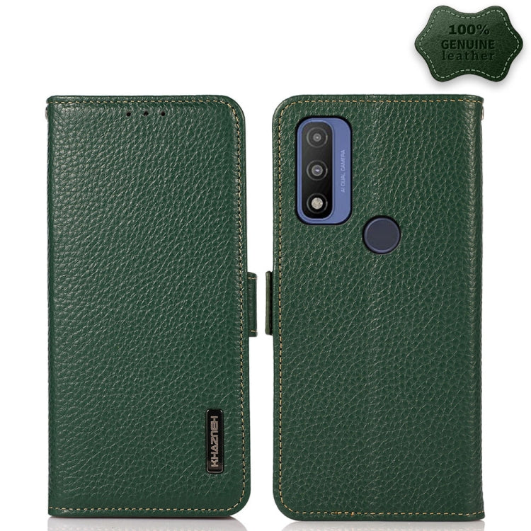 For Motorola G Pure KHAZNEH Side-Magnetic Litchi Genuine Leather RFID Case(Green) - Motorola Cases by buy2fix | Online Shopping UK | buy2fix