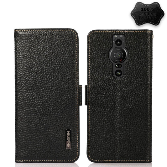 For Sony Xperia Pro-I KHAZNEH Side-Magnetic Litchi Genuine Leather RFID Case(Black) - Sony Cases by buy2fix | Online Shopping UK | buy2fix