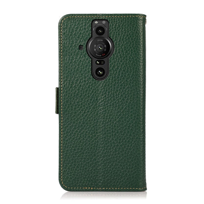 For Sony Xperia Pro-I KHAZNEH Side-Magnetic Litchi Genuine Leather RFID Case(Green) - Sony Cases by buy2fix | Online Shopping UK | buy2fix