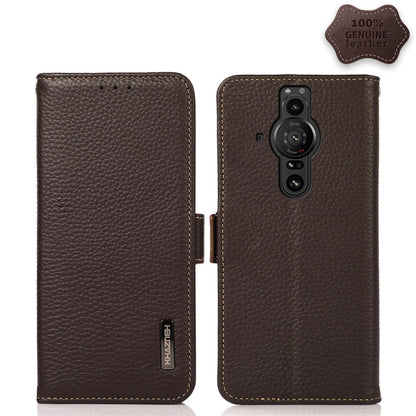 For Sony Xperia Pro-I KHAZNEH Side-Magnetic Litchi Genuine Leather RFID Case(Brown) - Sony Cases by buy2fix | Online Shopping UK | buy2fix