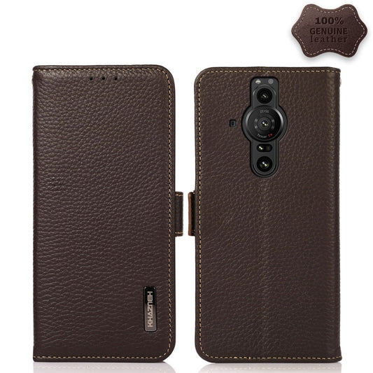 For Sony Xperia Pro-I KHAZNEH Side-Magnetic Litchi Genuine Leather RFID Case(Brown) - Sony Cases by buy2fix | Online Shopping UK | buy2fix
