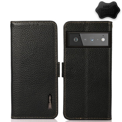 For Google Pixel 6 Pro KHAZNEH Side-Magnetic Litchi Genuine Leather RFID Case(Black) - Google Cases by buy2fix | Online Shopping UK | buy2fix