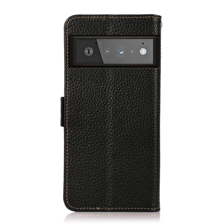 For Google Pixel 6 Pro KHAZNEH Side-Magnetic Litchi Genuine Leather RFID Case(Black) - Google Cases by buy2fix | Online Shopping UK | buy2fix