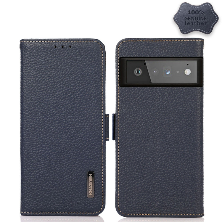 For Google Pixel 6 Pro KHAZNEH Side-Magnetic Litchi Genuine Leather RFID Case(Blue) - Google Cases by buy2fix | Online Shopping UK | buy2fix