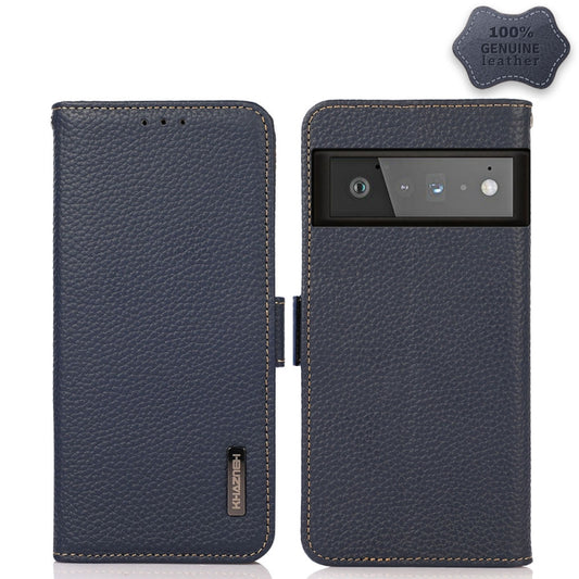 For Google Pixel 6 Pro KHAZNEH Side-Magnetic Litchi Genuine Leather RFID Case(Blue) - Google Cases by buy2fix | Online Shopping UK | buy2fix