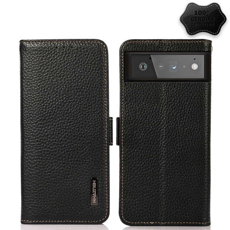 For Google Pixel 6 KHAZNEH Side-Magnetic Litchi Genuine Leather RFID Case(Black) - Google Cases by buy2fix | Online Shopping UK | buy2fix