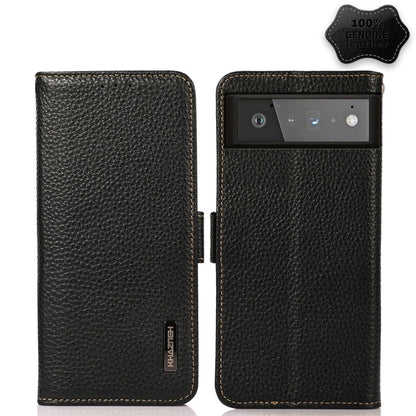 For Google Pixel 6 KHAZNEH Side-Magnetic Litchi Genuine Leather RFID Case(Black) - Google Cases by buy2fix | Online Shopping UK | buy2fix