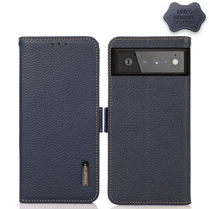For Google Pixel 6 KHAZNEH Side-Magnetic Litchi Genuine Leather RFID Case(Blue) - Google Cases by buy2fix | Online Shopping UK | buy2fix