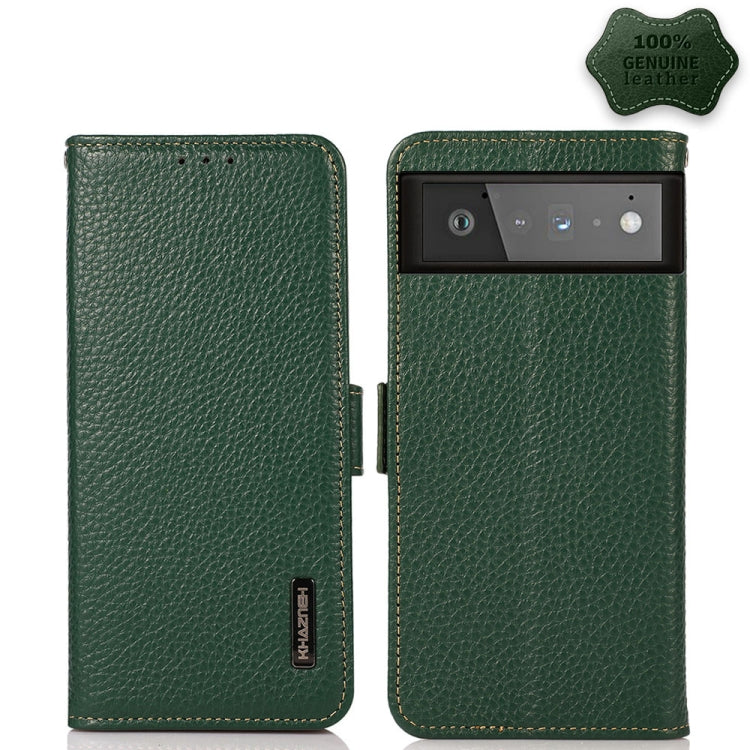 For Google Pixel 6 KHAZNEH Side-Magnetic Litchi Genuine Leather RFID Case(Green) - Google Cases by buy2fix | Online Shopping UK | buy2fix
