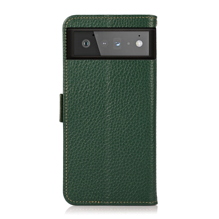For Google Pixel 6 KHAZNEH Side-Magnetic Litchi Genuine Leather RFID Case(Green) - Google Cases by buy2fix | Online Shopping UK | buy2fix