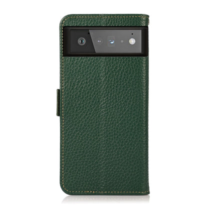 For Google Pixel 6 KHAZNEH Side-Magnetic Litchi Genuine Leather RFID Case(Green) - Google Cases by buy2fix | Online Shopping UK | buy2fix