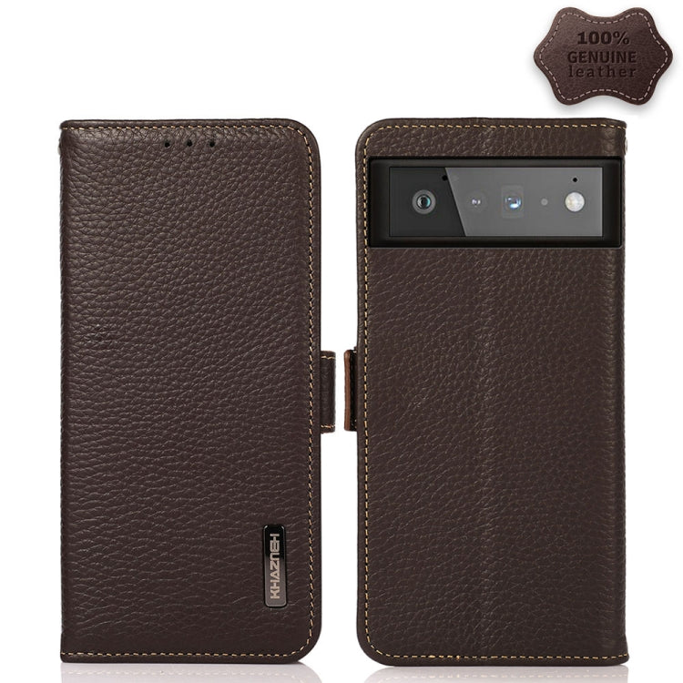 For Google Pixel 6 KHAZNEH Side-Magnetic Litchi Genuine Leather RFID Case(Brown) - Google Cases by buy2fix | Online Shopping UK | buy2fix