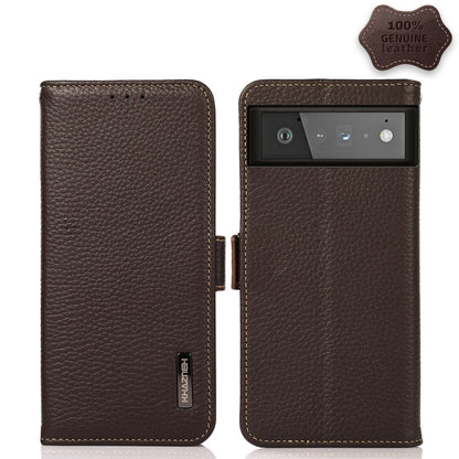 For Google Pixel 6 KHAZNEH Side-Magnetic Litchi Genuine Leather RFID Case(Brown) - Google Cases by buy2fix | Online Shopping UK | buy2fix
