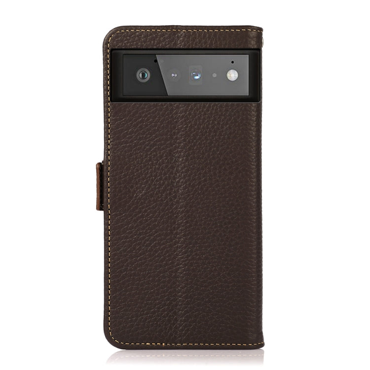 For Google Pixel 6 KHAZNEH Side-Magnetic Litchi Genuine Leather RFID Case(Brown) - Google Cases by buy2fix | Online Shopping UK | buy2fix