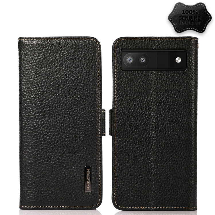 For Google Pixel 6a KHAZNEH Side-Magnetic Litchi Genuine Leather RFID Case(Black) - Google Cases by buy2fix | Online Shopping UK | buy2fix