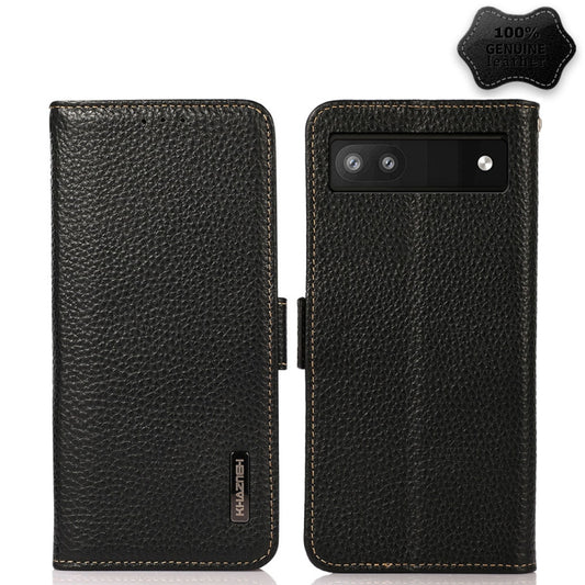 For Google Pixel 6a KHAZNEH Side-Magnetic Litchi Genuine Leather RFID Case(Black) - Google Cases by buy2fix | Online Shopping UK | buy2fix