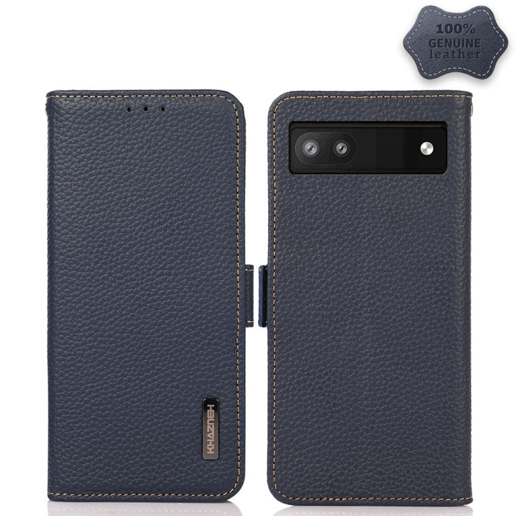 For Google Pixel 6a KHAZNEH Side-Magnetic Litchi Genuine Leather RFID Case(Blue) - Google Cases by buy2fix | Online Shopping UK | buy2fix