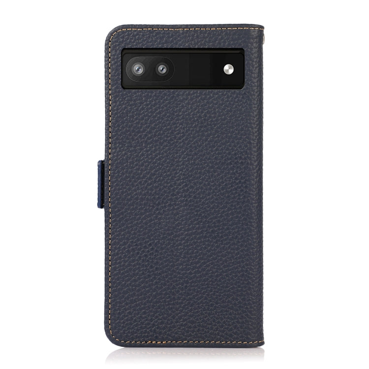 For Google Pixel 6a KHAZNEH Side-Magnetic Litchi Genuine Leather RFID Case(Blue) - Google Cases by buy2fix | Online Shopping UK | buy2fix