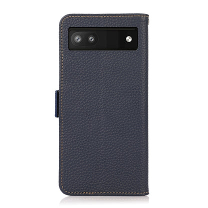 For Google Pixel 6a KHAZNEH Side-Magnetic Litchi Genuine Leather RFID Case(Blue) - Google Cases by buy2fix | Online Shopping UK | buy2fix