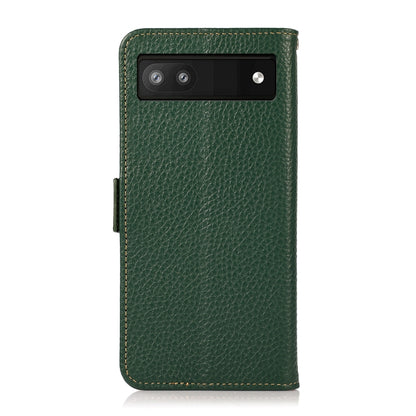For Google Pixel 6a KHAZNEH Side-Magnetic Litchi Genuine Leather RFID Case(Green) - Google Cases by buy2fix | Online Shopping UK | buy2fix