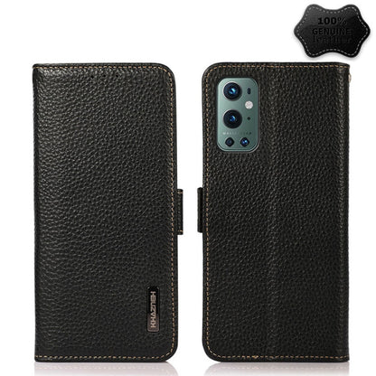 For OnePlus 9 Pro KHAZNEH Side-Magnetic Litchi Genuine Leather RFID Phone Case(Black) - OnePlus Cases by buy2fix | Online Shopping UK | buy2fix