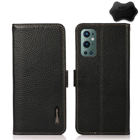 For OnePlus 9 Pro KHAZNEH Side-Magnetic Litchi Genuine Leather RFID Phone Case(Black) - OnePlus Cases by buy2fix | Online Shopping UK | buy2fix