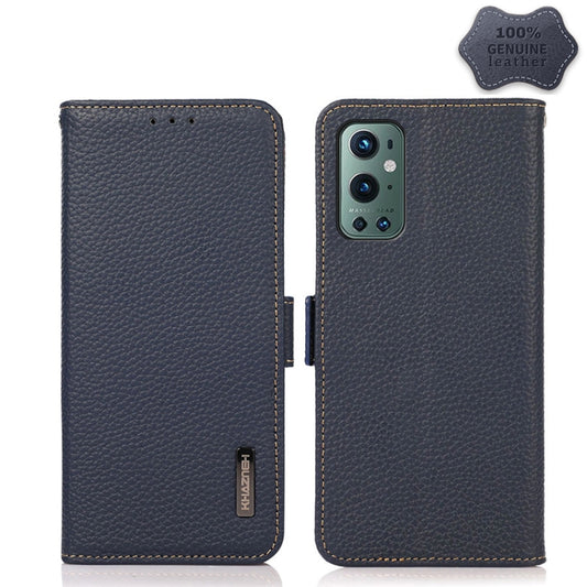 For OnePlus 9 Pro KHAZNEH Side-Magnetic Litchi Genuine Leather RFID Phone Case(Blue) - OnePlus Cases by buy2fix | Online Shopping UK | buy2fix