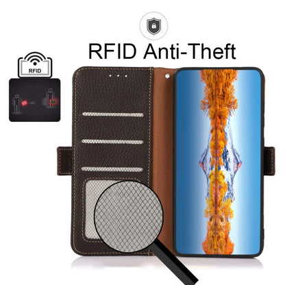 For OnePlus 9 Pro KHAZNEH Side-Magnetic Litchi Genuine Leather RFID Phone Case(Brown) - OnePlus Cases by buy2fix | Online Shopping UK | buy2fix