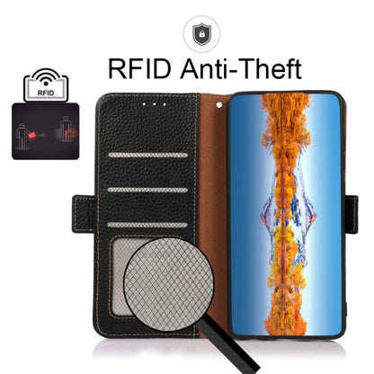 For OnePlus 9R KHAZNEH Side-Magnetic Litchi Genuine Leather RFID Phone Case(Black) - OnePlus Cases by buy2fix | Online Shopping UK | buy2fix