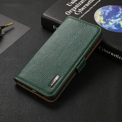 For OnePlus 9R KHAZNEH Side-Magnetic Litchi Genuine Leather RFID Phone Case(Green) - OnePlus Cases by buy2fix | Online Shopping UK | buy2fix