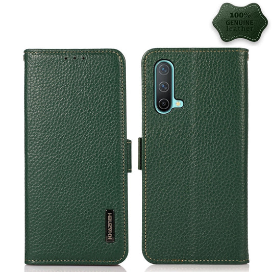 For OnePlus Nord CE 5G KHAZNEH Side-Magnetic Litchi Genuine Leather RFID Phone Case(Green) - OnePlus Cases by buy2fix | Online Shopping UK | buy2fix