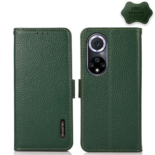 For Huawei nova 9 KHAZNEH Side-Magnetic Litchi Genuine Leather RFID Phone Case(Green) - Huawei Cases by buy2fix | Online Shopping UK | buy2fix