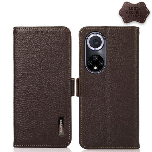 For Huawei nova 9 KHAZNEH Side-Magnetic Litchi Genuine Leather RFID Phone Case(Brown) - Huawei Cases by buy2fix | Online Shopping UK | buy2fix