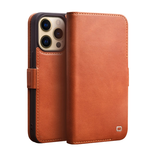For iPhone 13 Pro QIALINO Magnetic Buckle Leather Phone Case (Brown)