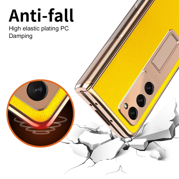For Samsung Galaxy Z Fold2 5G Electroplated Armor Cross Texture Phone Case(Yellow) - Galaxy Phone Cases by buy2fix | Online Shopping UK | buy2fix